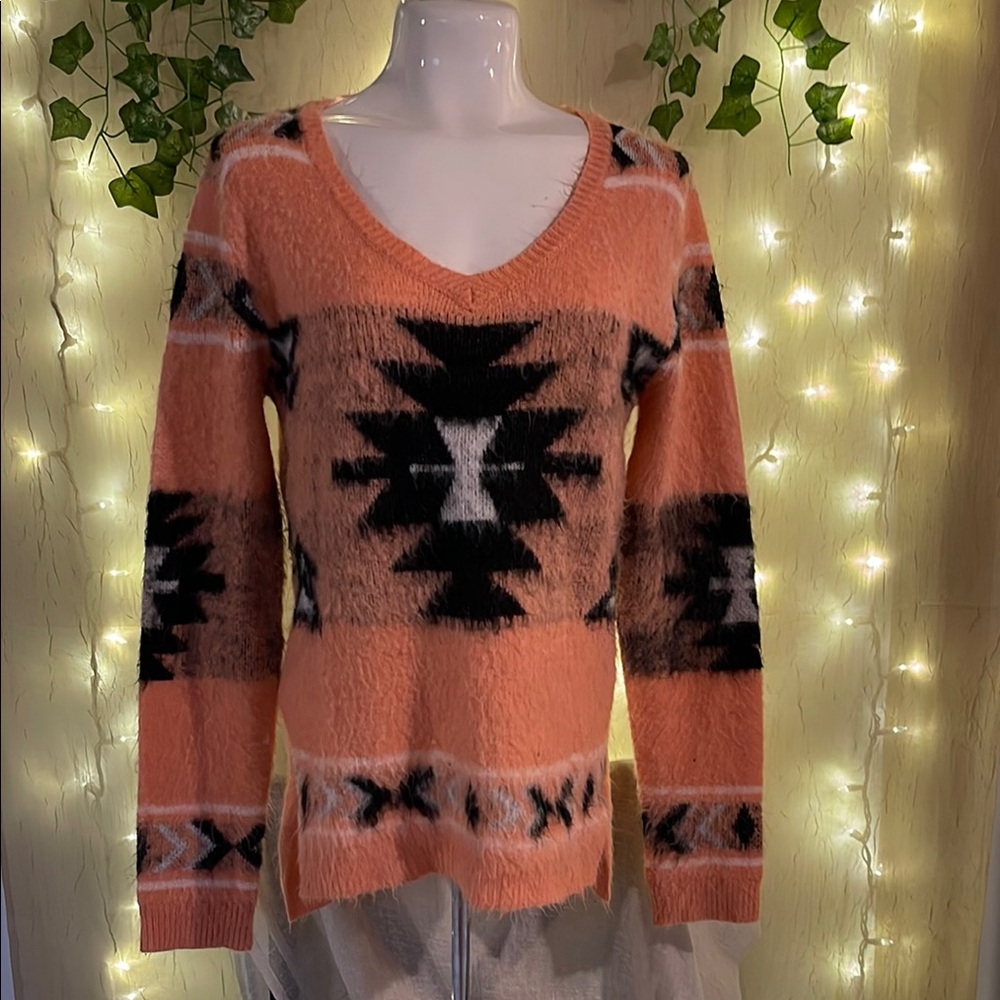 Cozy Aztec Patterned Sweater - Orange and Black